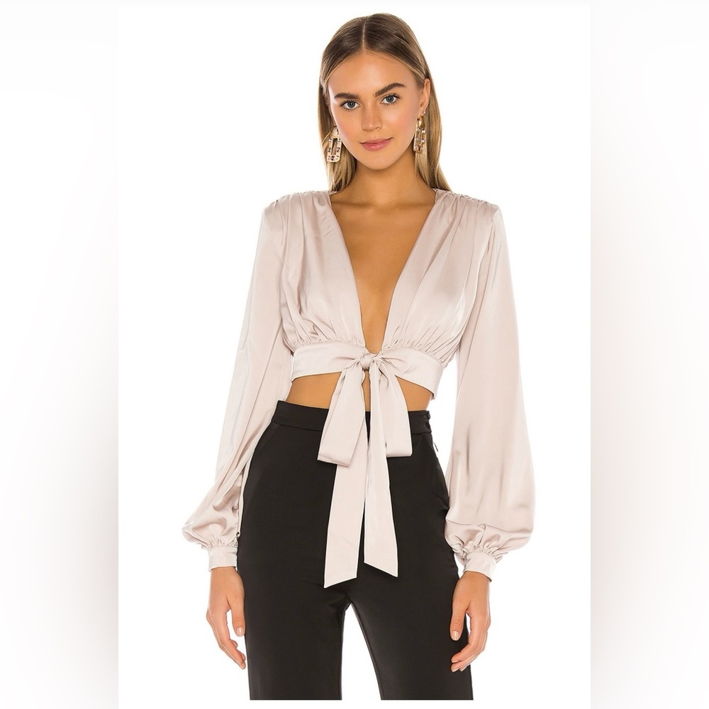 NBD Imogen Satin Tie-Front Crop Top in Champagne